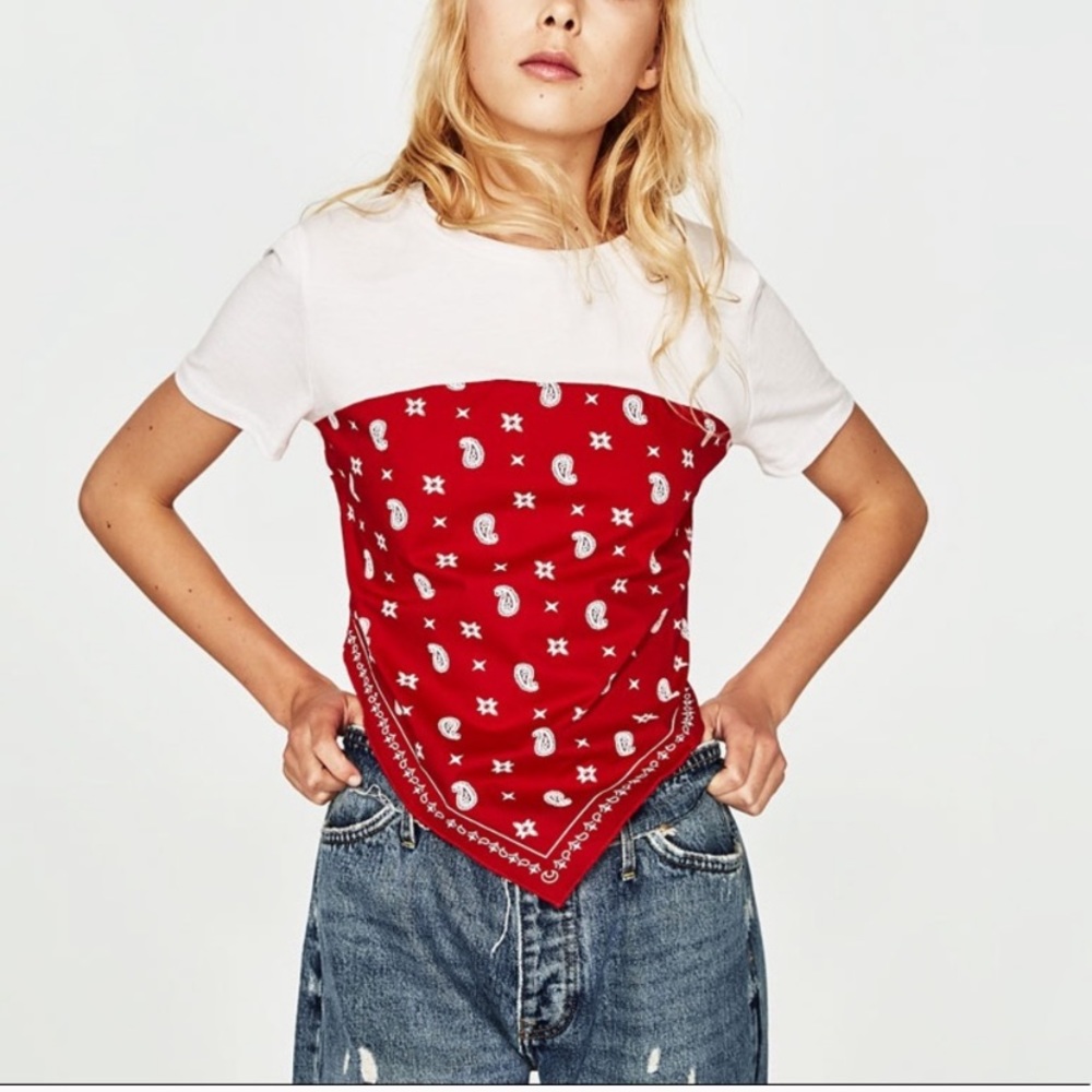 Zara TRF Bandana T-Shirt. Red & White. Size Medium - Picture 2 of 8